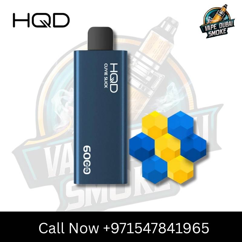 Black HQD CUVE SLICK 6000 Puffs vape against a light background, surrounded by ice and blackberries, emphasizing flavor options.
