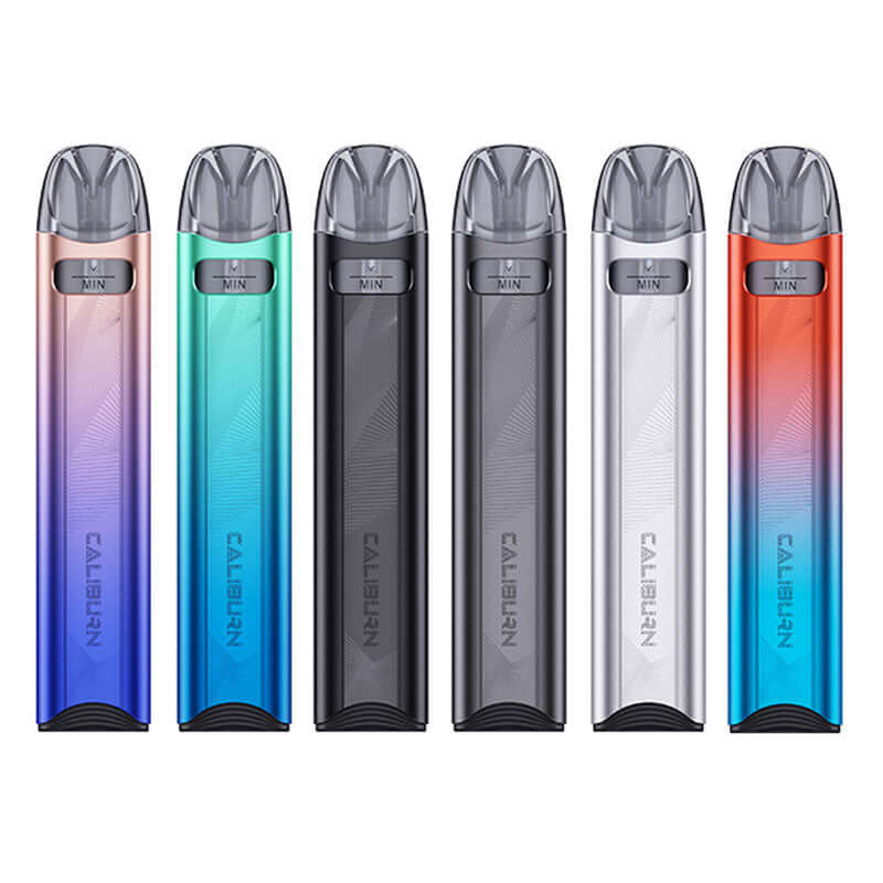 Caliburn pod vape devices in multiple gradient and solid colors