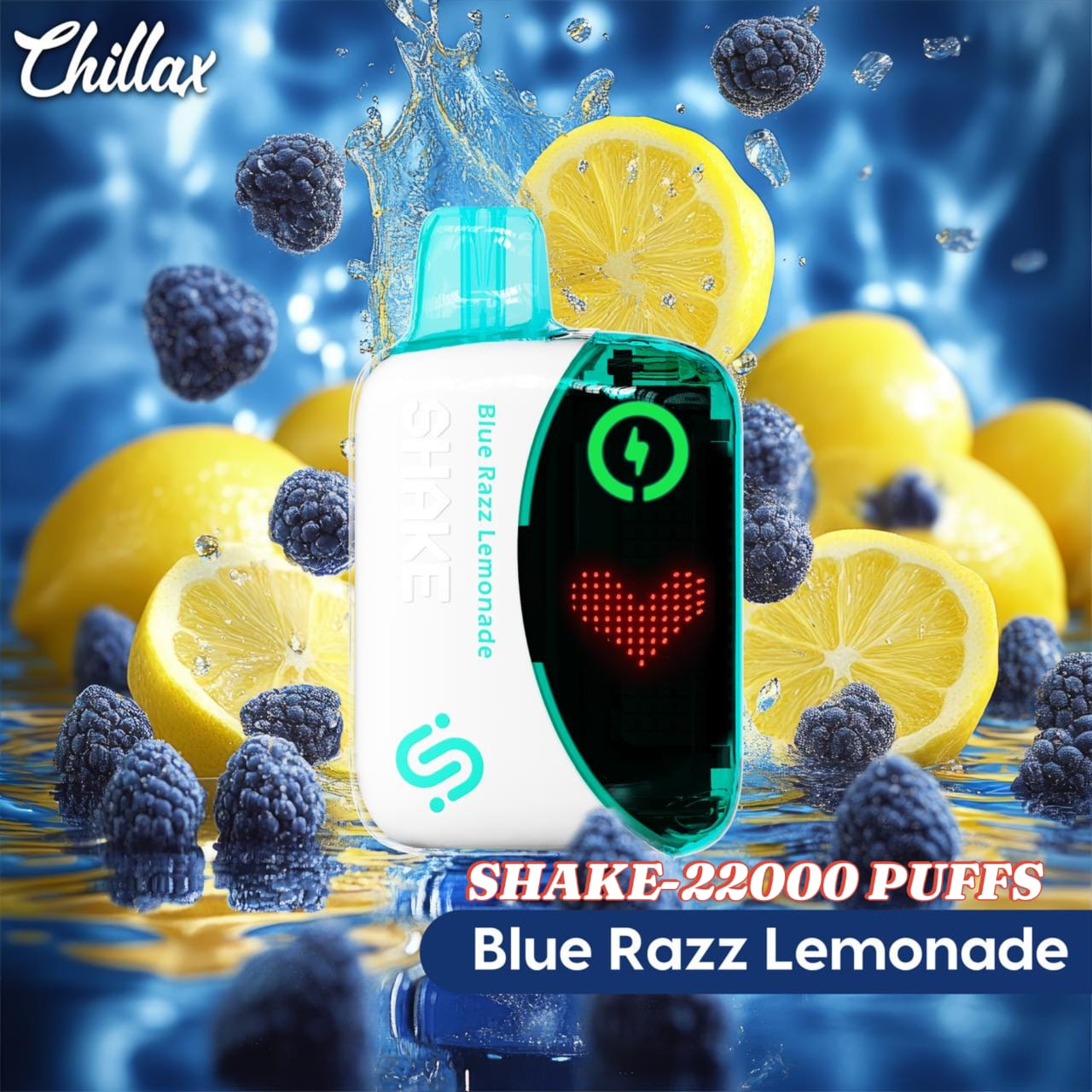 Chillax Blue Razz Lemonade vape with lemons and berries splash