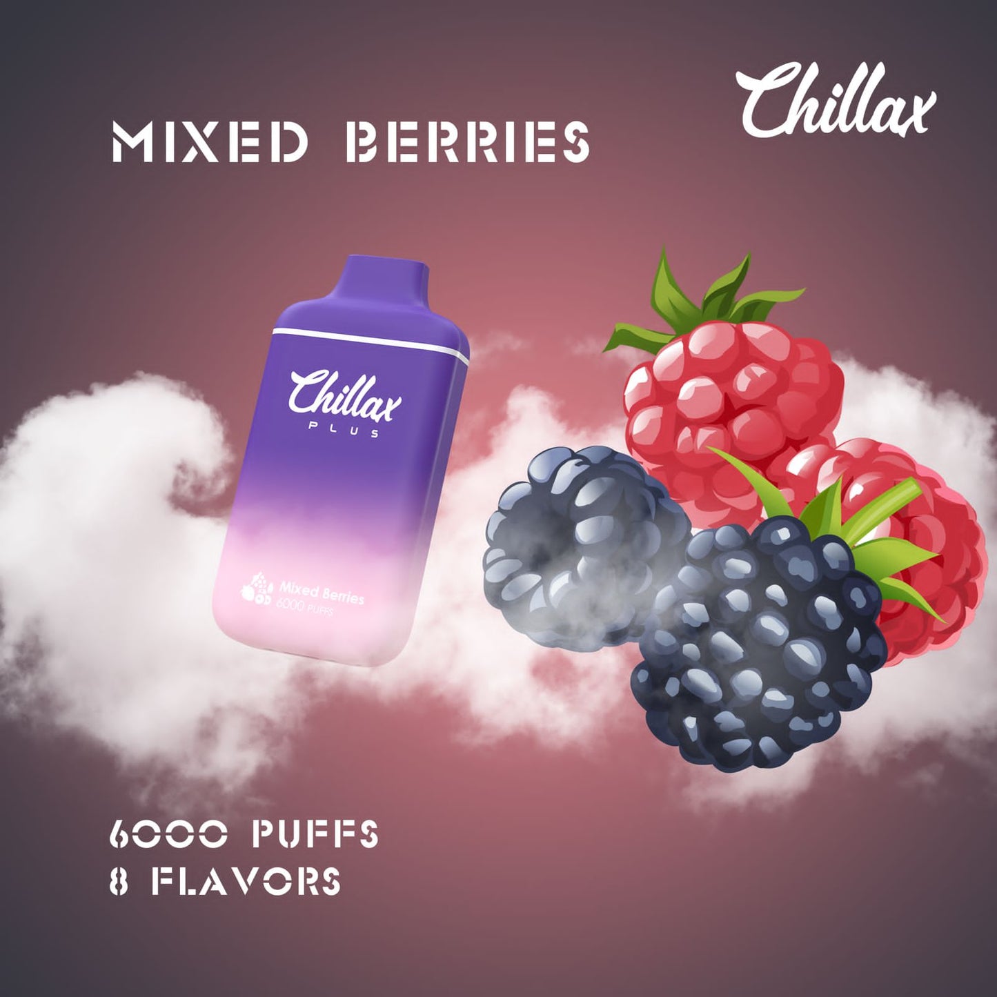 Chillax Plus Mixed Berries disposable vape with berry graphics
