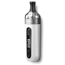 Compact white pod vape device with display screen