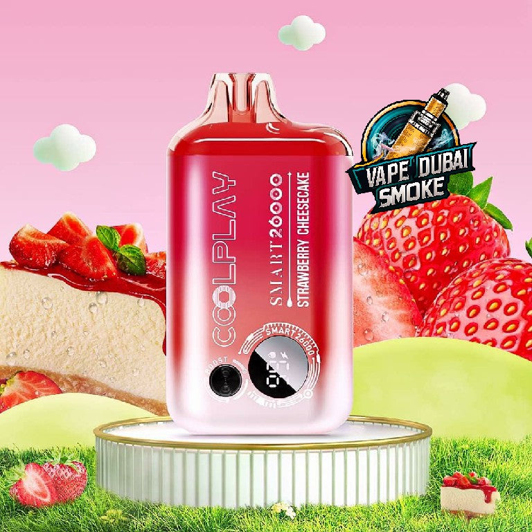 Coolplay Smart 20000 Strawberry Cheesecake disposable vape with dessert and fruit display