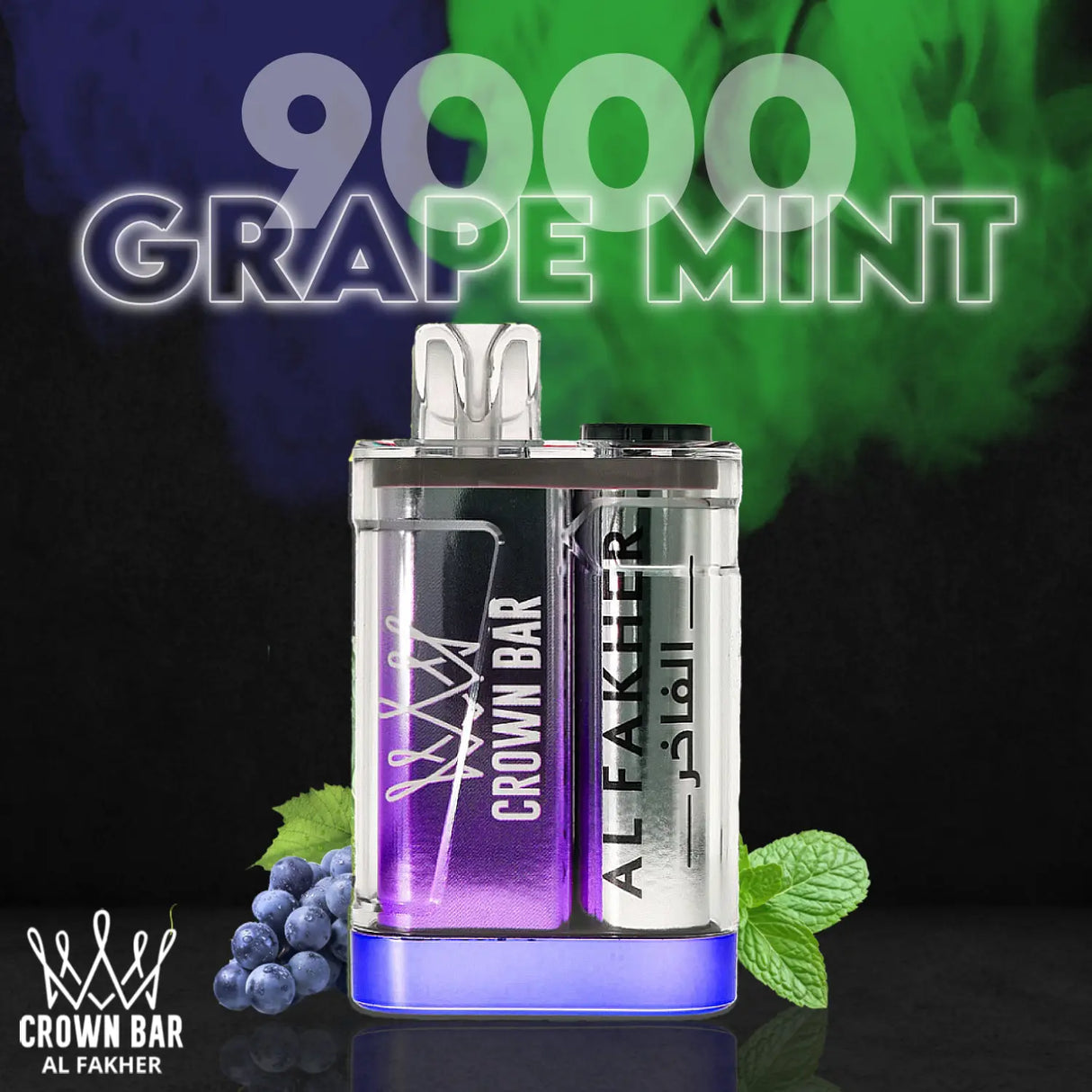 Crown Bar Al Fakher Grape Mint 9000 puffs disposable vape with grapes