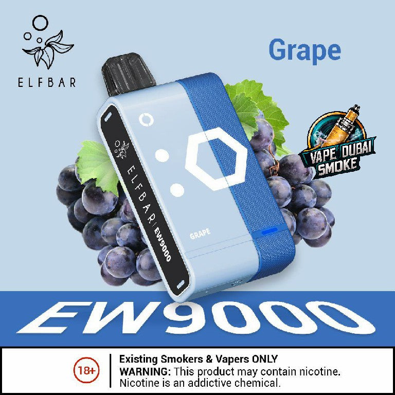 ELF BAR EW9000 Grape disposable vape with berry graphics and nicotine notice