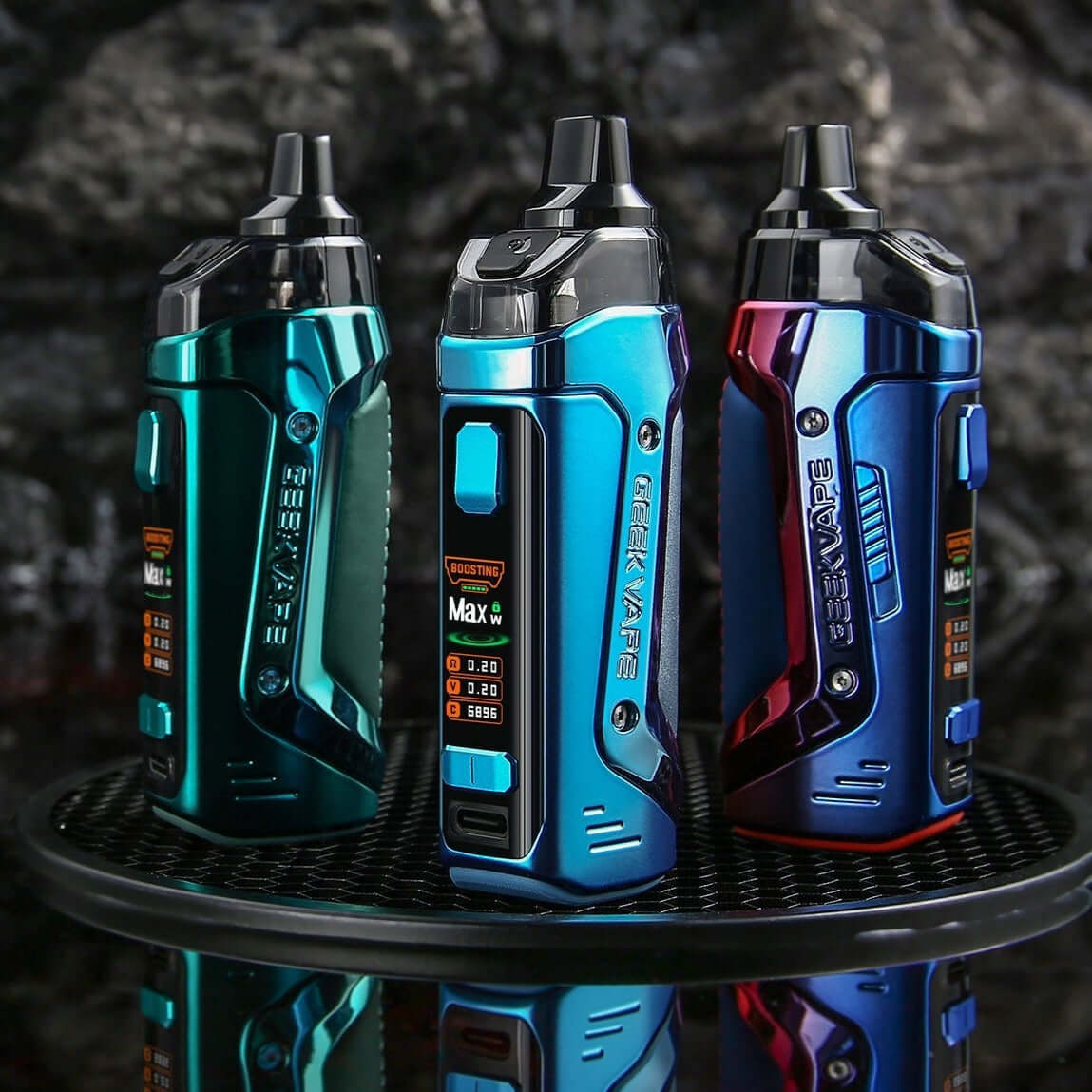 Geekvape Aegis Boost 2 (B60) 60W Vape Kit in metallic teal, blue, and red finishes