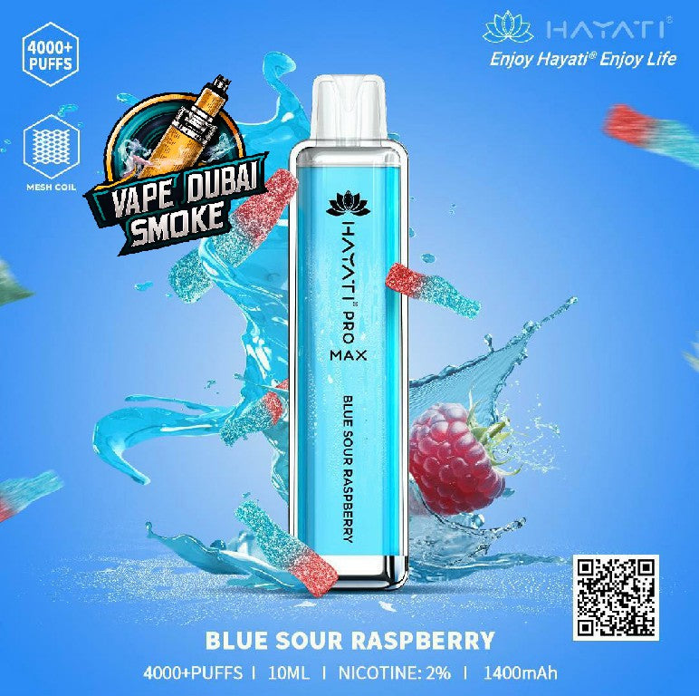 Hayati Pro Max Blue Sour Raspberry 4000 puffs disposable vape with splash design