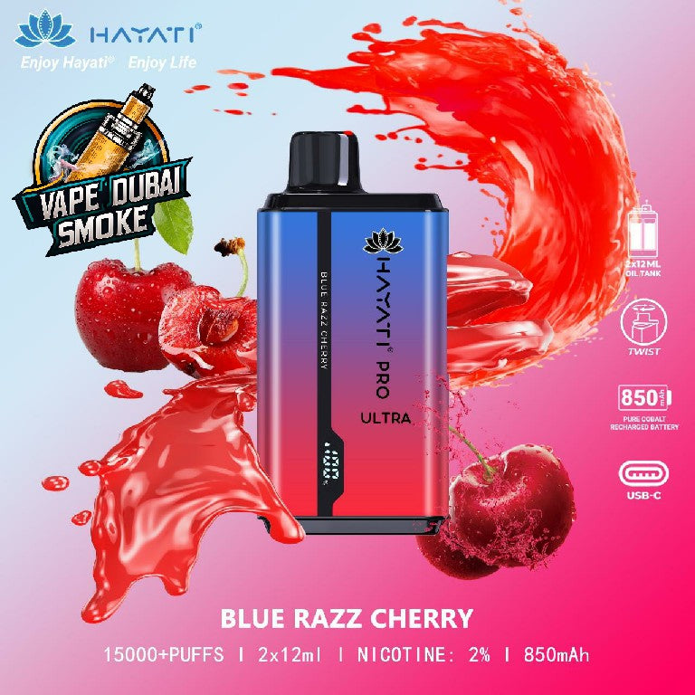 Hayati Pro Ultra Blue Razz Cherry disposable vape splash design