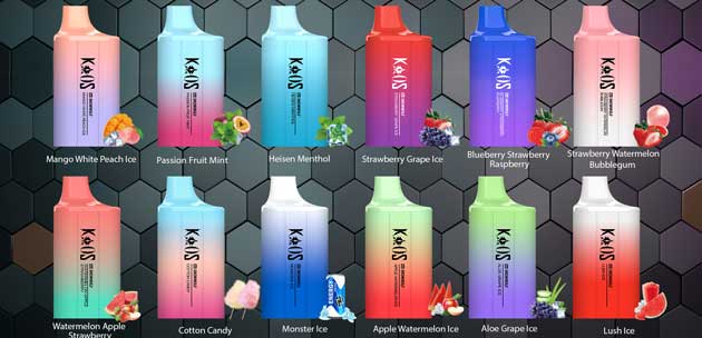 Kaos by SnowWolf 6000 flavor range with assorted fruit blends display
