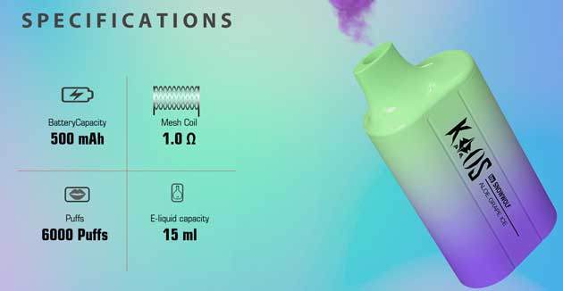 Kaos by SnowWolf 6000 specifications showing 500mAh battery and 6000 puffs capacity.