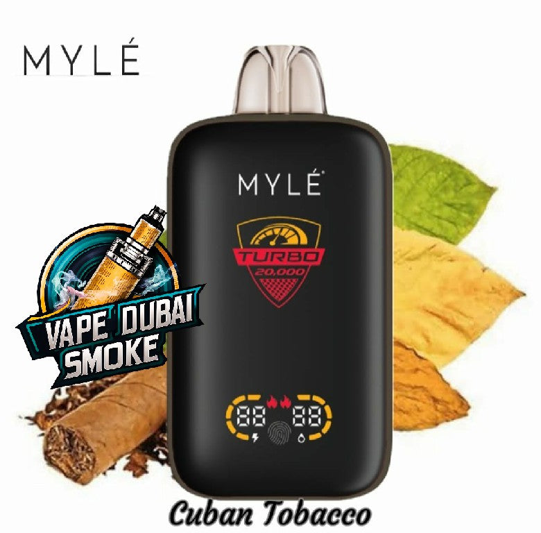 MYLE Turbo 20000 Cuban Tobacco disposable vape with tobacco leaves