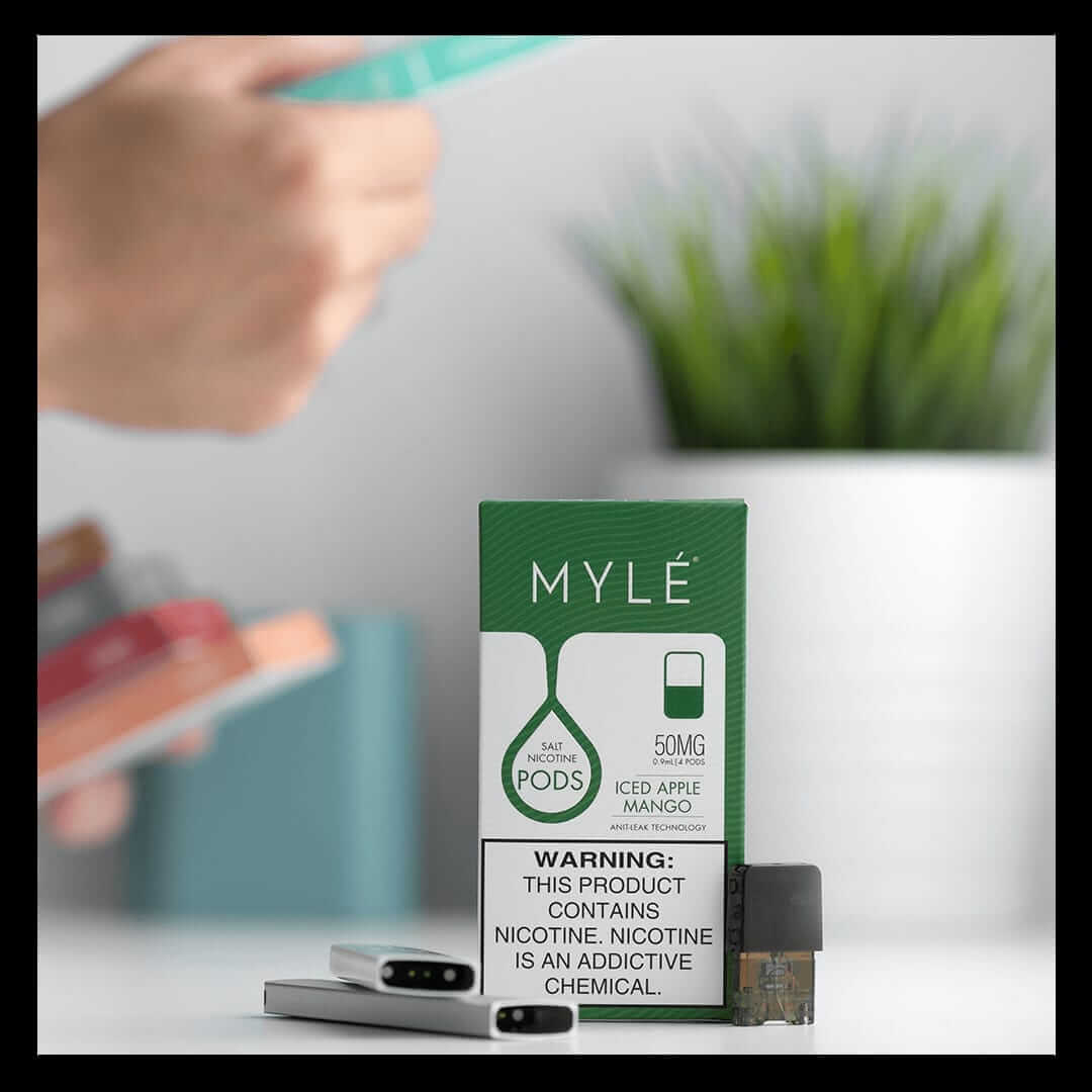 MYLÉ Iced Apple Mango 50mg pods with pods and device.