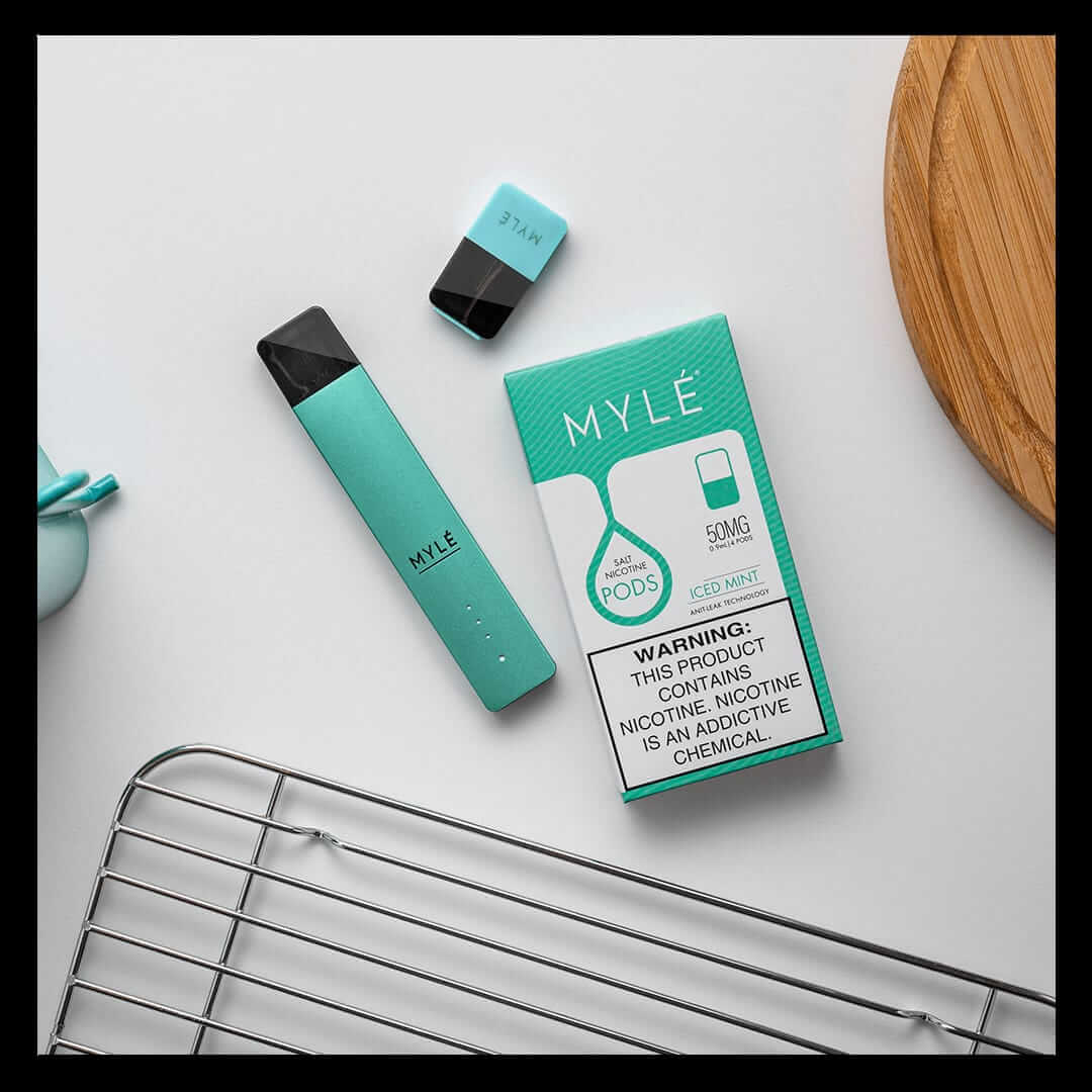 MYLÉ Iced Mint 50mg pods with teal device and pod