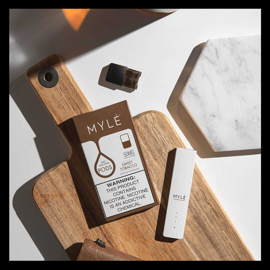 MYLÉ Sweet Tobacco 50mg pods with white device and pod