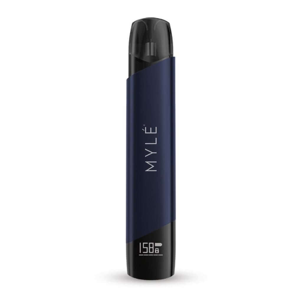 MYLÉ disposable vape in navy blue and black, front view on white