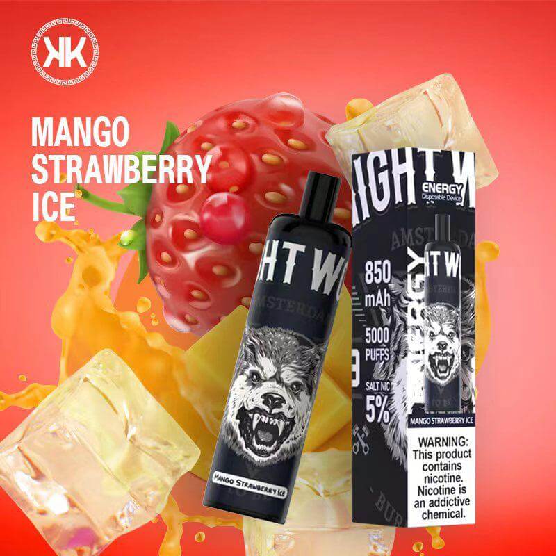 Mango Strawberry Ice disposable vape with box and fruit splash