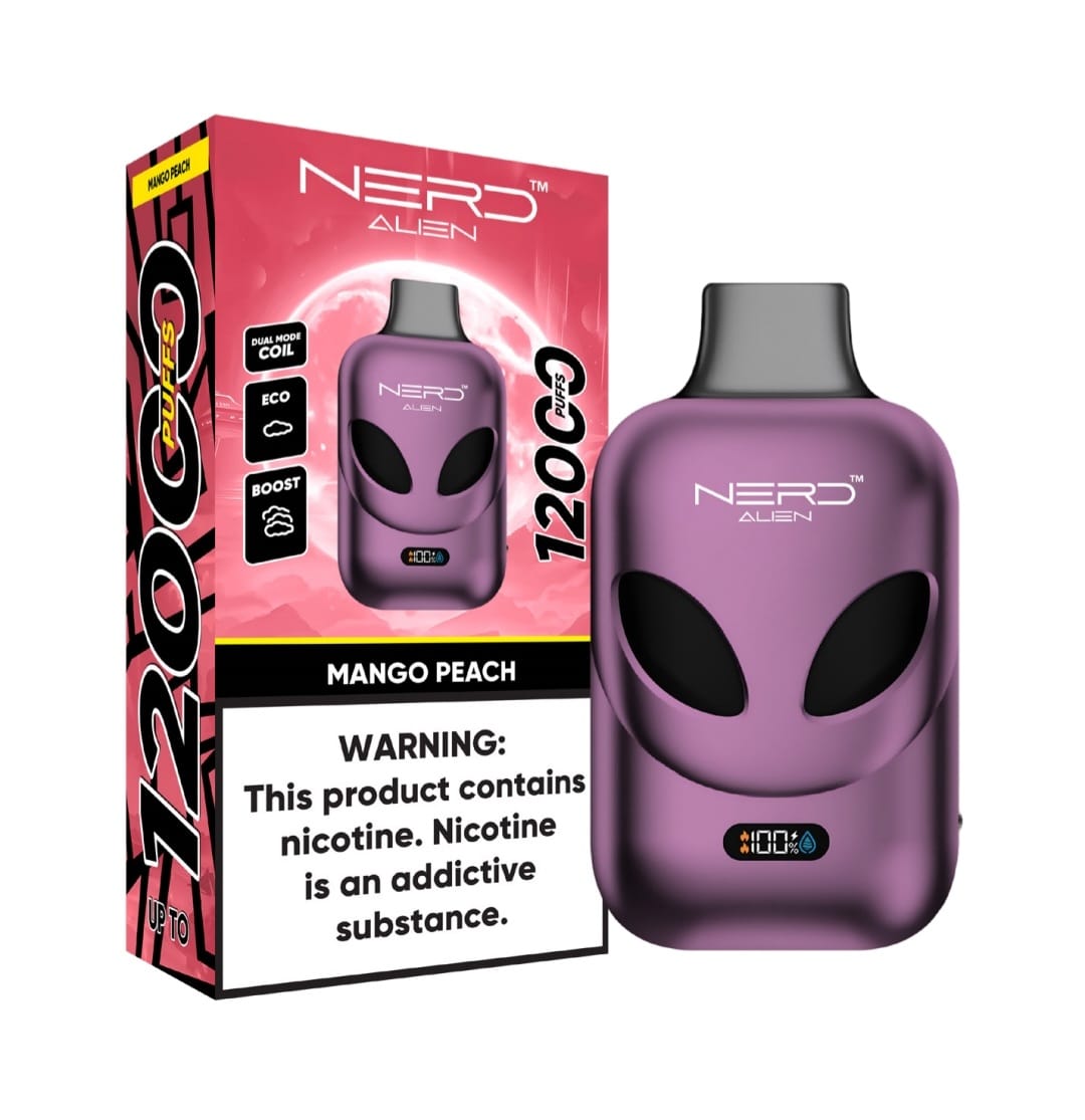 Nerd Alien Mango Peach 12000 puffs disposable vape with box and warning