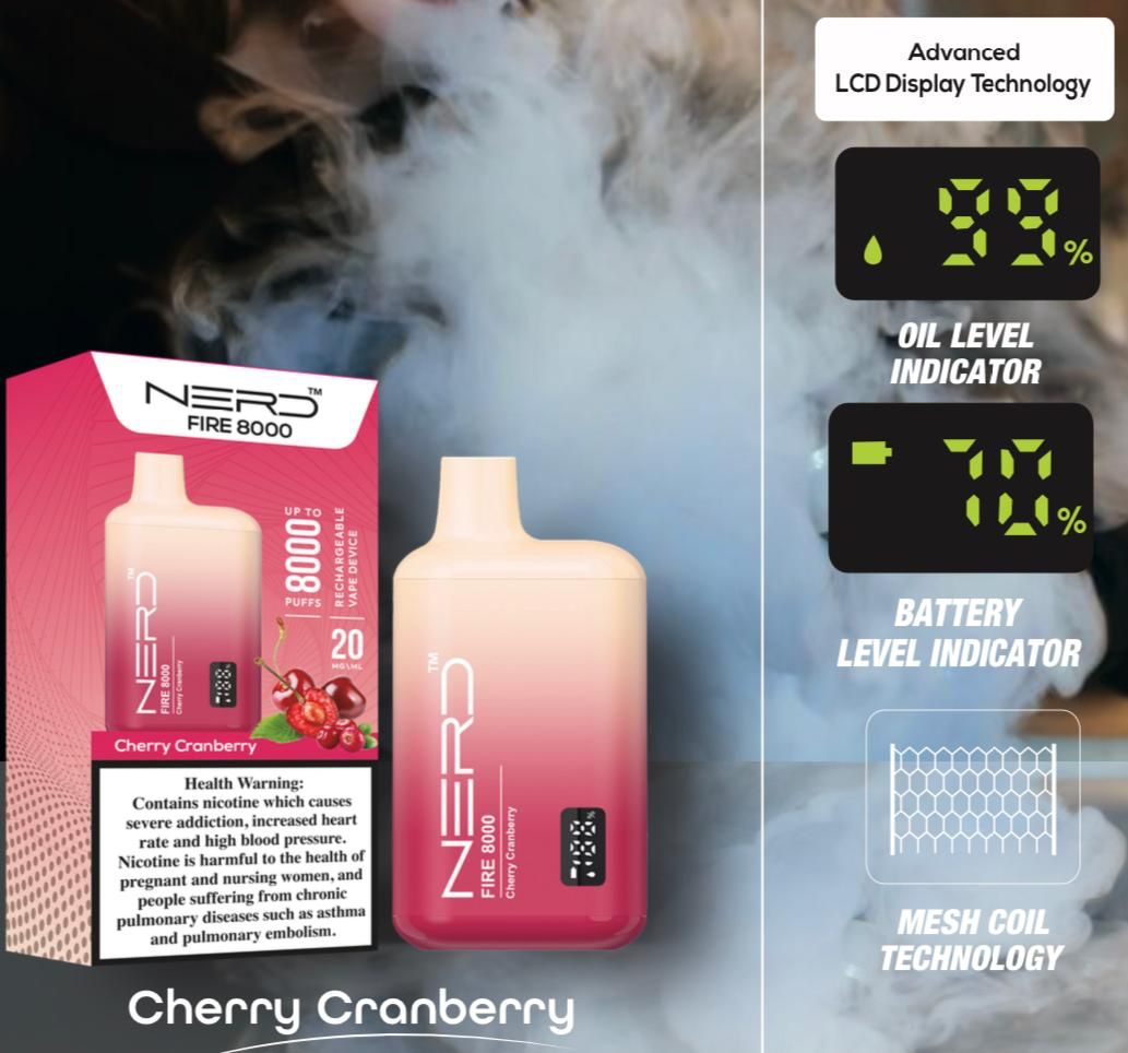 Nerd Fire 8000 cherry cranberry disposable vape with packaging and health warning label.