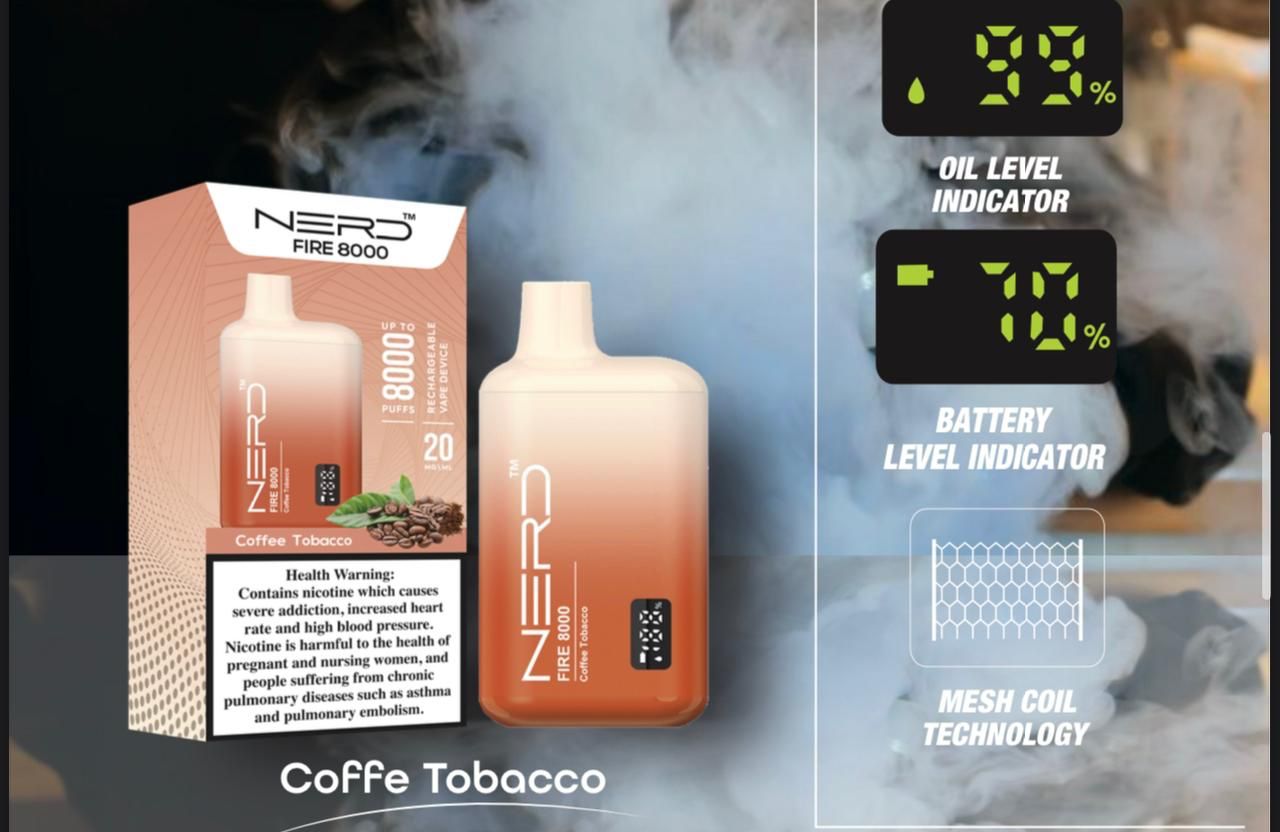Nerd Fire 8000 coffe tobacco disposable vape with packaging and health warning label.