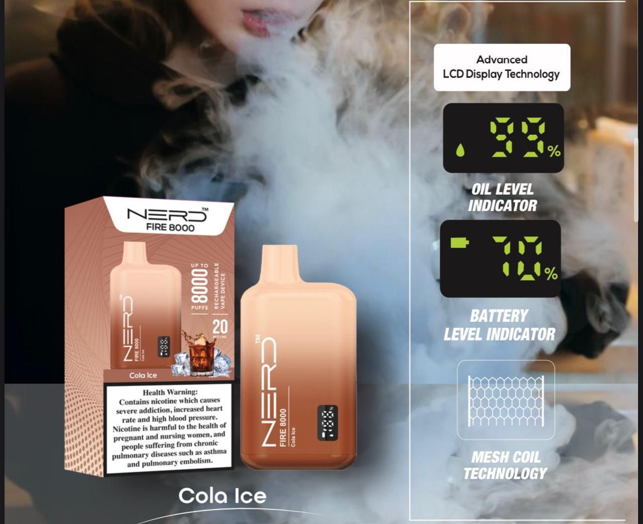 Nerd Fire 8000 cola ice disposable vape with packaging and health warning label.