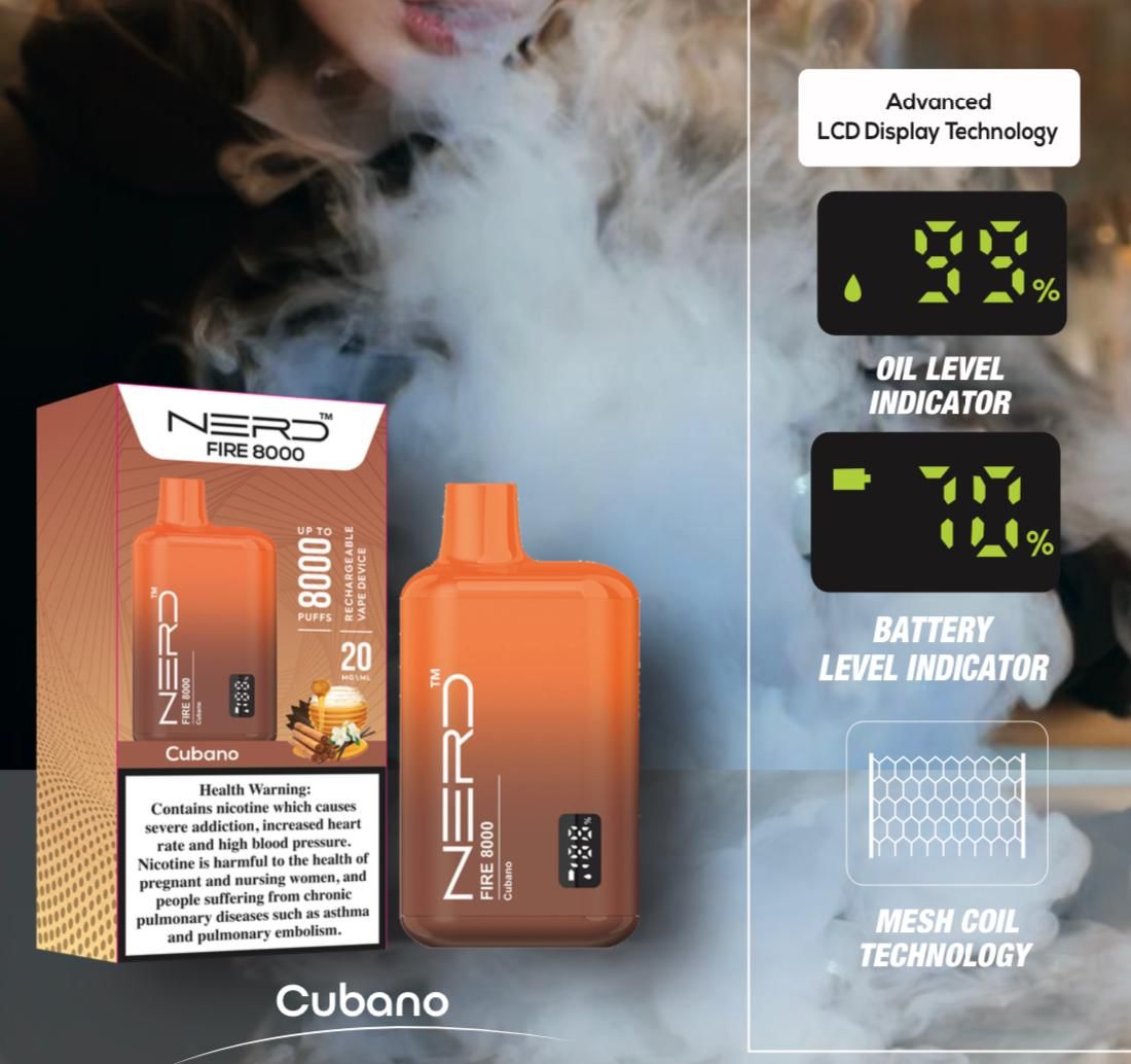 Nerd Fire 8000 cubano disposable vape with packaging and health warning label.