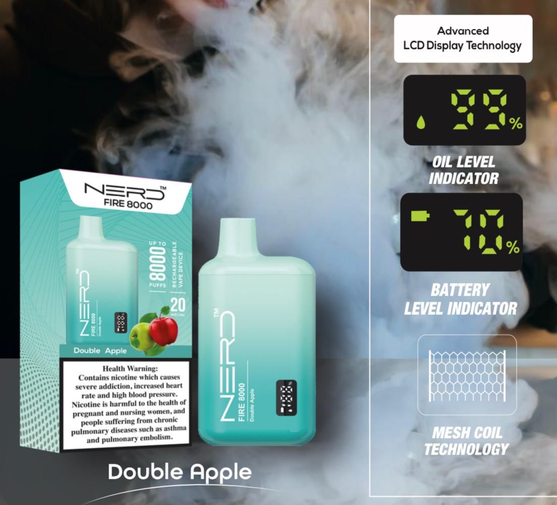 Nerd Fire 8000 double apple disposable vape with packaging and health warning label.