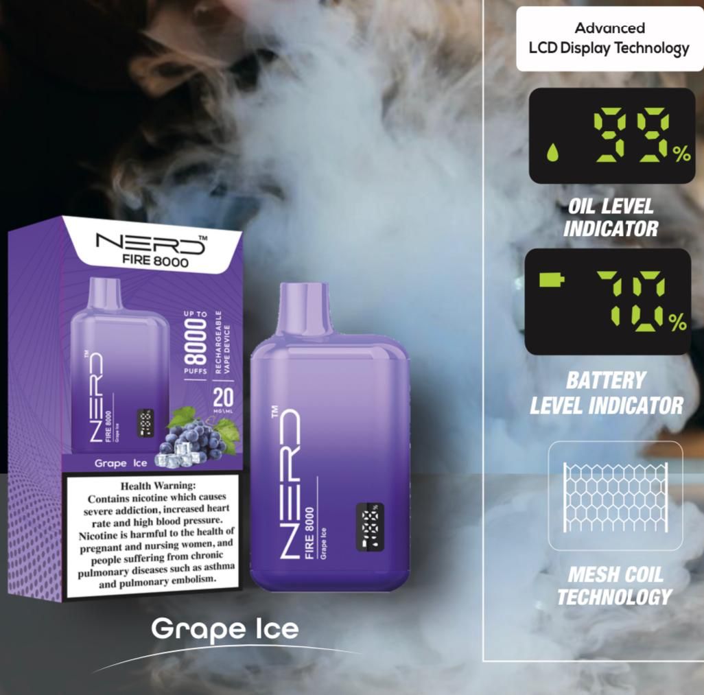 Nerd Fire 8000 grape ice disposable vape with packaging and health warning label.