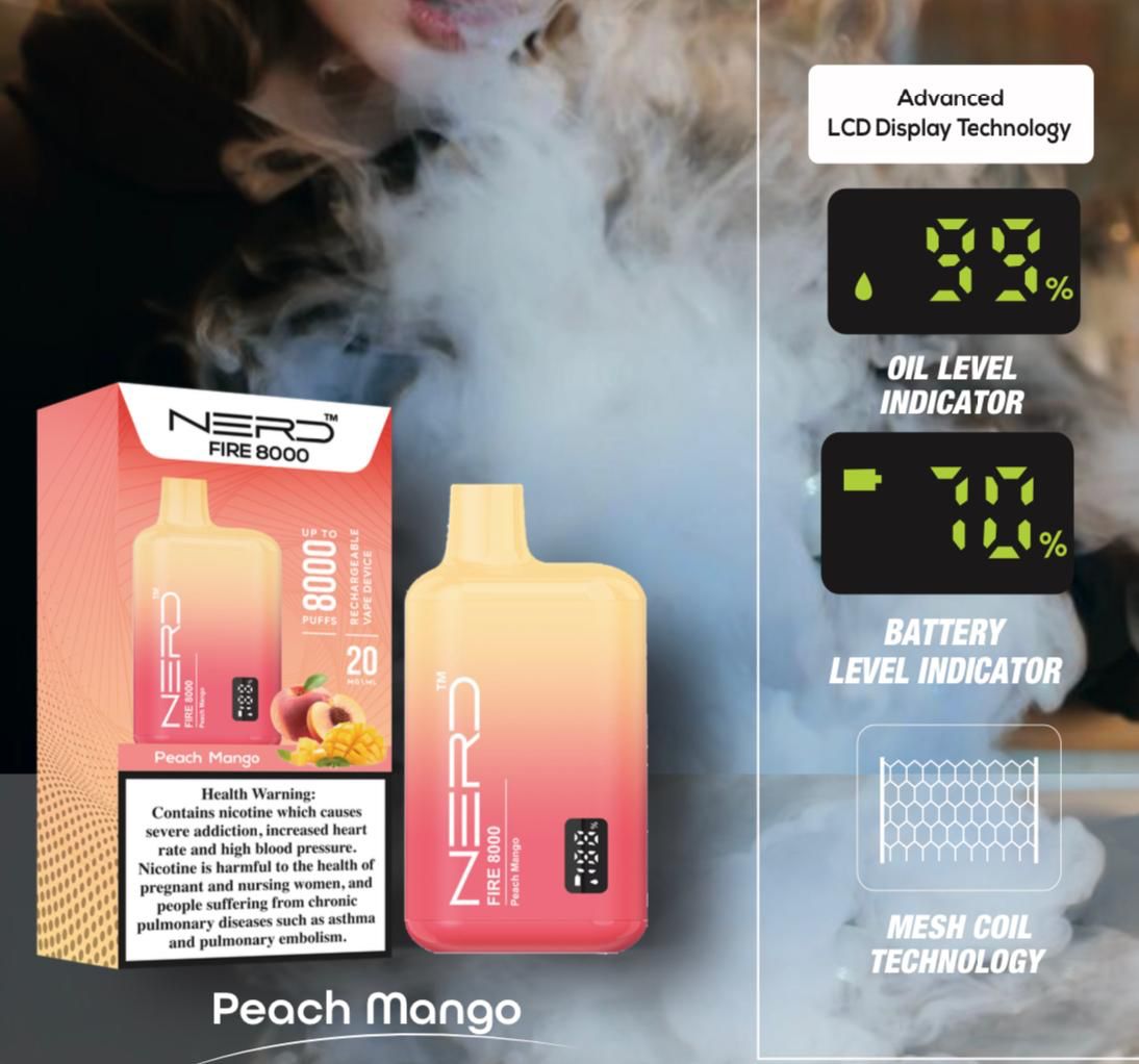 Nerd Fire 8000 peach mango disposable vape with packaging and health warning label.