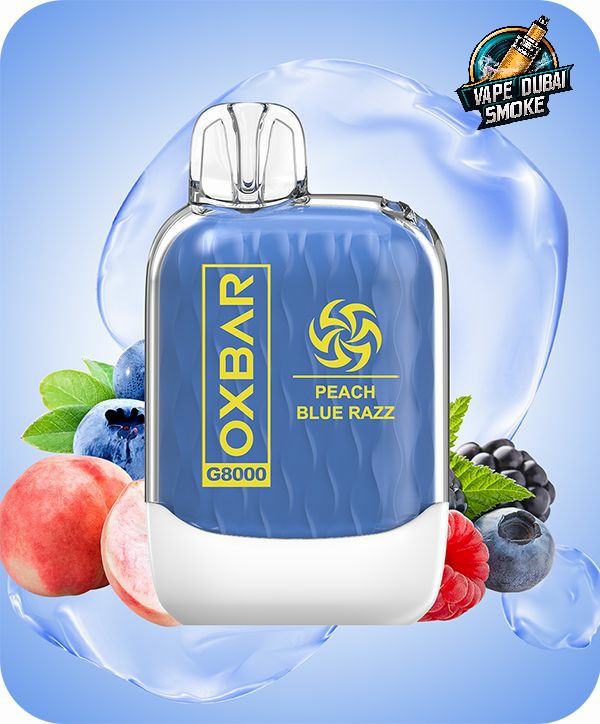 OXBAR G8000 Peach Blue Razz disposable vape with fruit and water splash