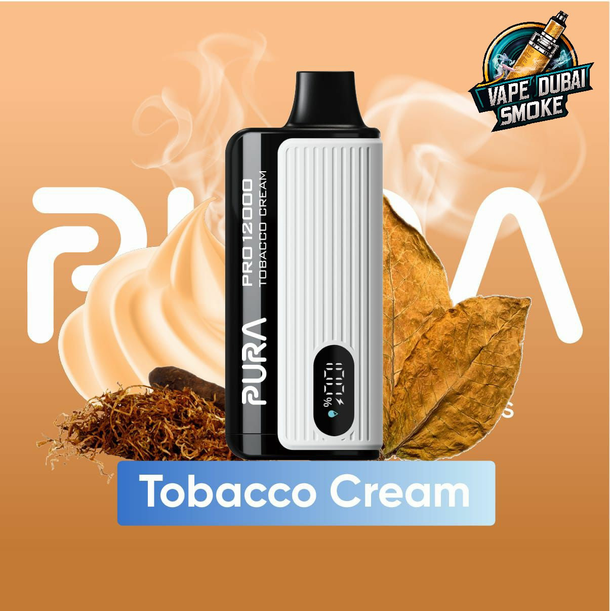 Pura Pro 12000 Tobacco Cream disposable vape with tobacco leaf graphic