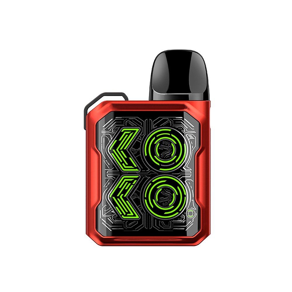 Red KOKO pod vape with green illuminated circuit-style front panel