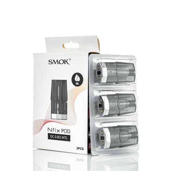 SMOK Nfix Pod DC 0.8Ω MTL 3ml pack with three replacement pods in blister.