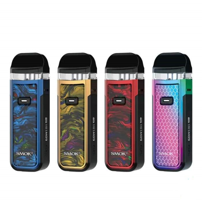 SMOK pod vapes in blue, gold, red and rainbow finishes