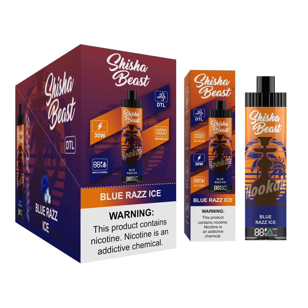 Shisha Beast Blue Razz Ice disposable vape with box and nicotine warning label