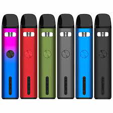 Slim pod vape devices in pink, red, green, gray and blue