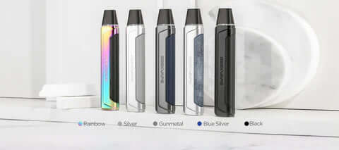 Slim pod vape in rainbow, silver, gunmetal, blue silver and black