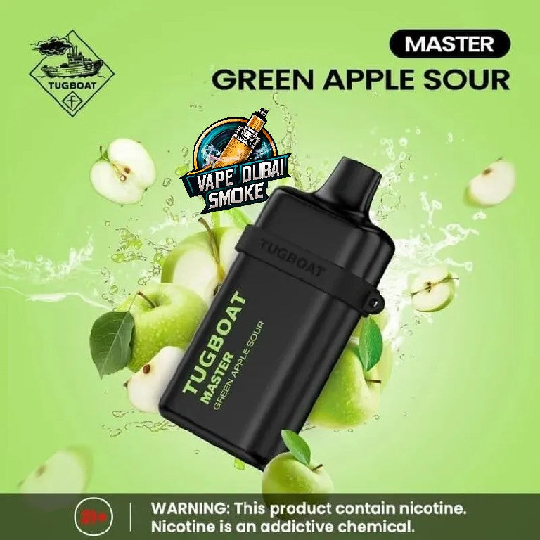Tugboat Master Green Apple Sour disposable vape with apple graphics