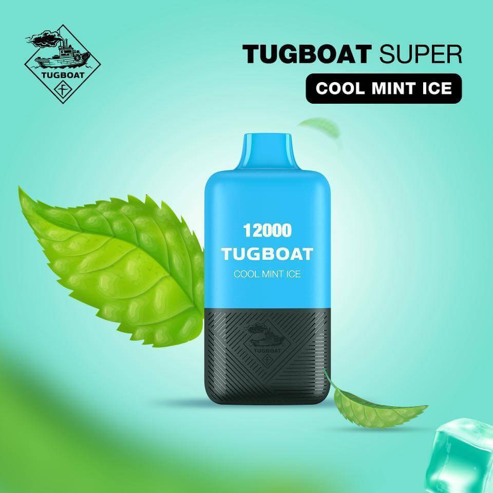 Tugboat Super Cool Mint Ice disposable vape with mint leaves and ice