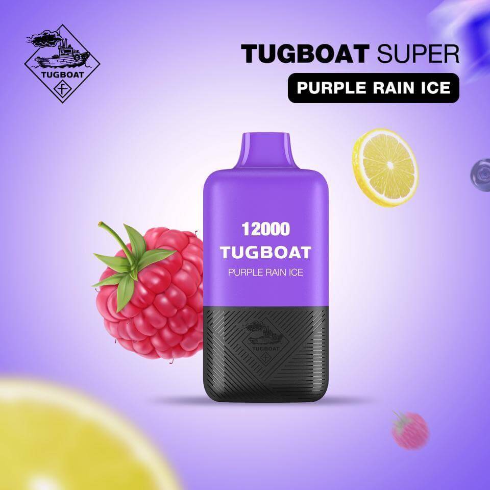 Tugboat Super Purple Rain Ice disposable vape with blueberries