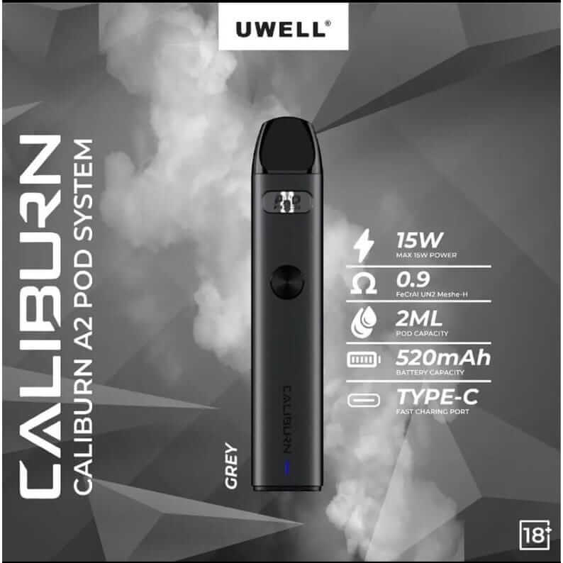 Uwell Caliburn A2 pod system in grey with specs