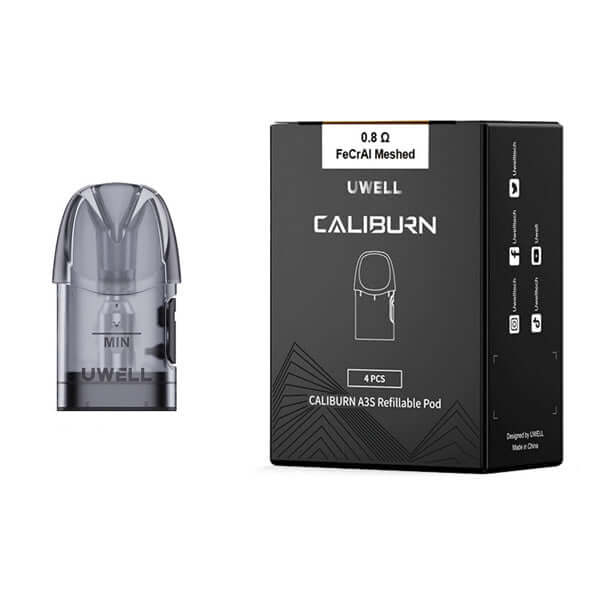 Uwell Caliburn A3S 0.8Ω FeCrAl mesh refillable pods 4 pack with box