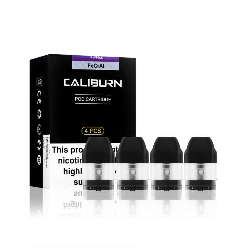 Uwell Caliburn FeCrAl replacement pod cartridges, 4 pack shown with retail packaging