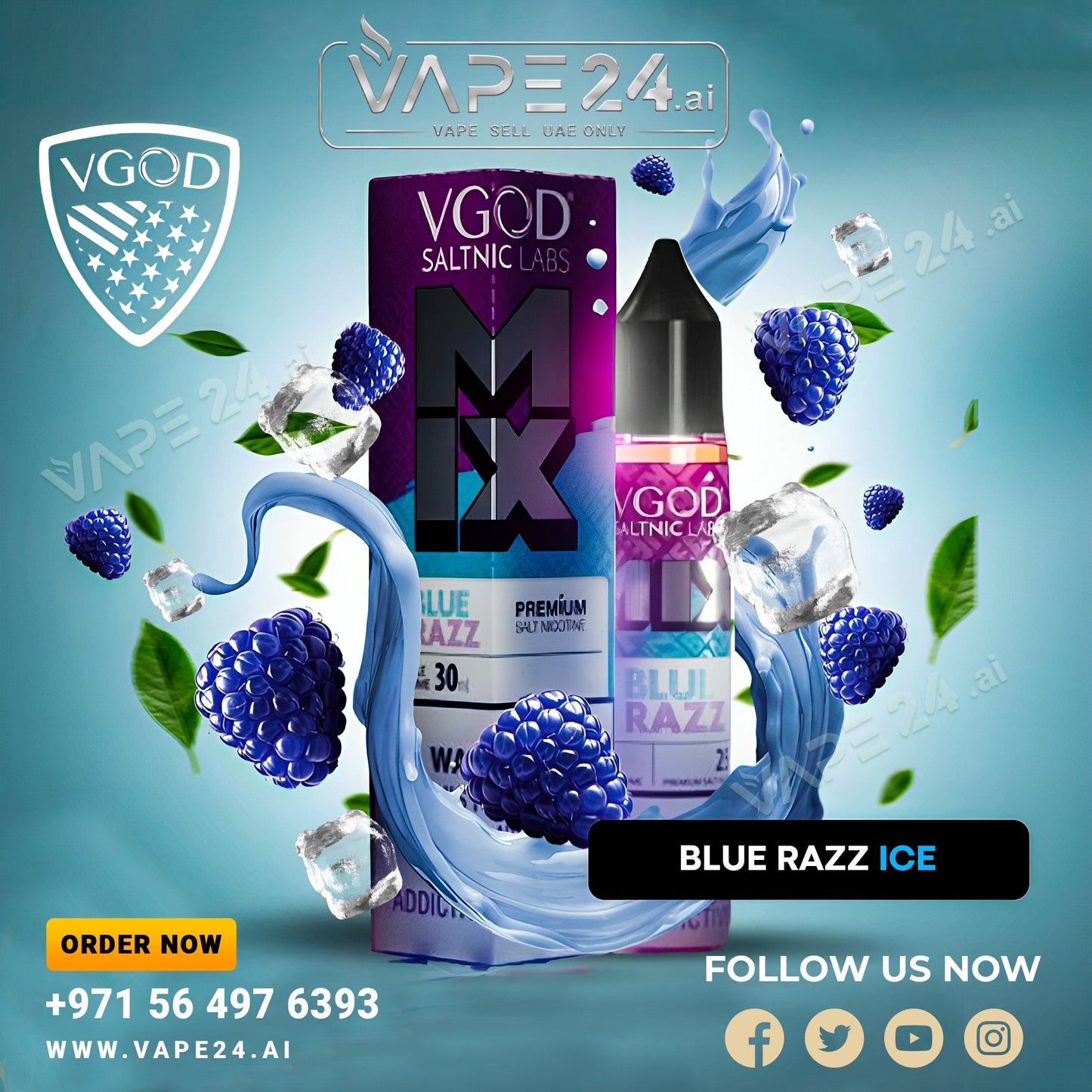 VGOD Saltnic Labs Blue Razz Ice nicotine salt bottle with box and berries
