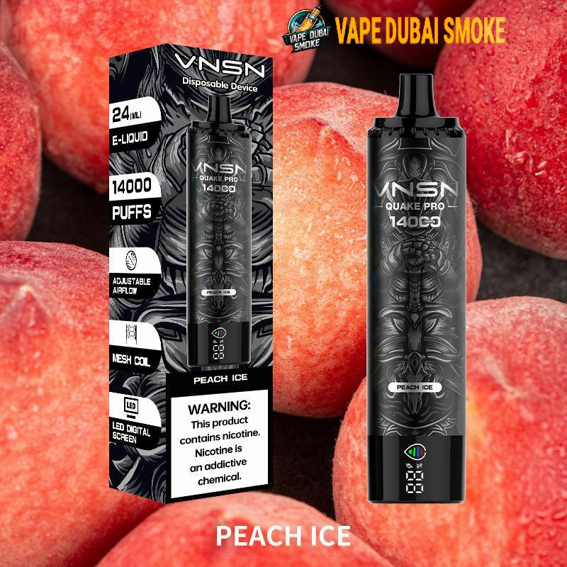VNSN Quake Pro 14000 Peach Ice disposable vape with packaging and warning label