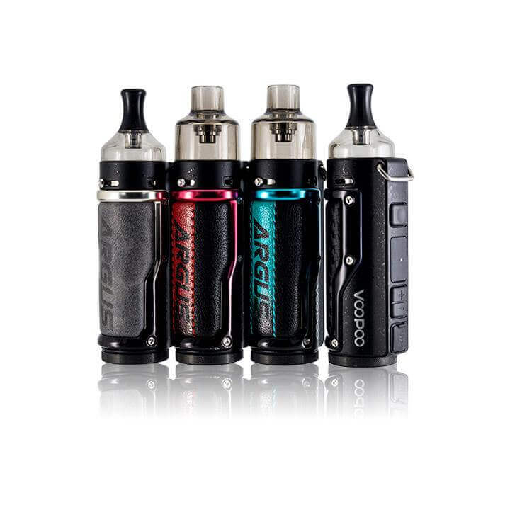 VOOPOO Argus pod vape devices in four colors lined up on reflective surface