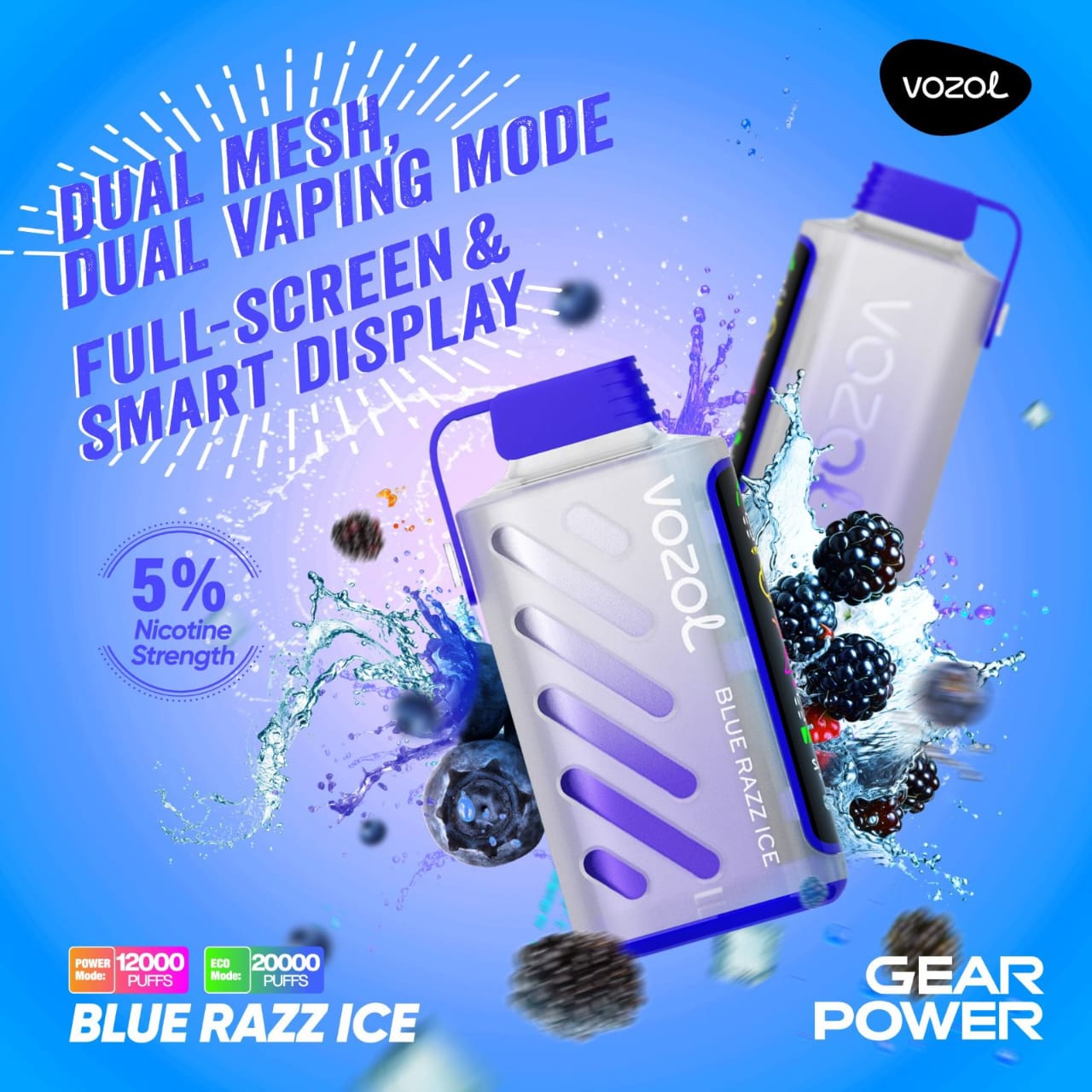 VOZOL Blue Razz Ice disposable vape with dual mesh display