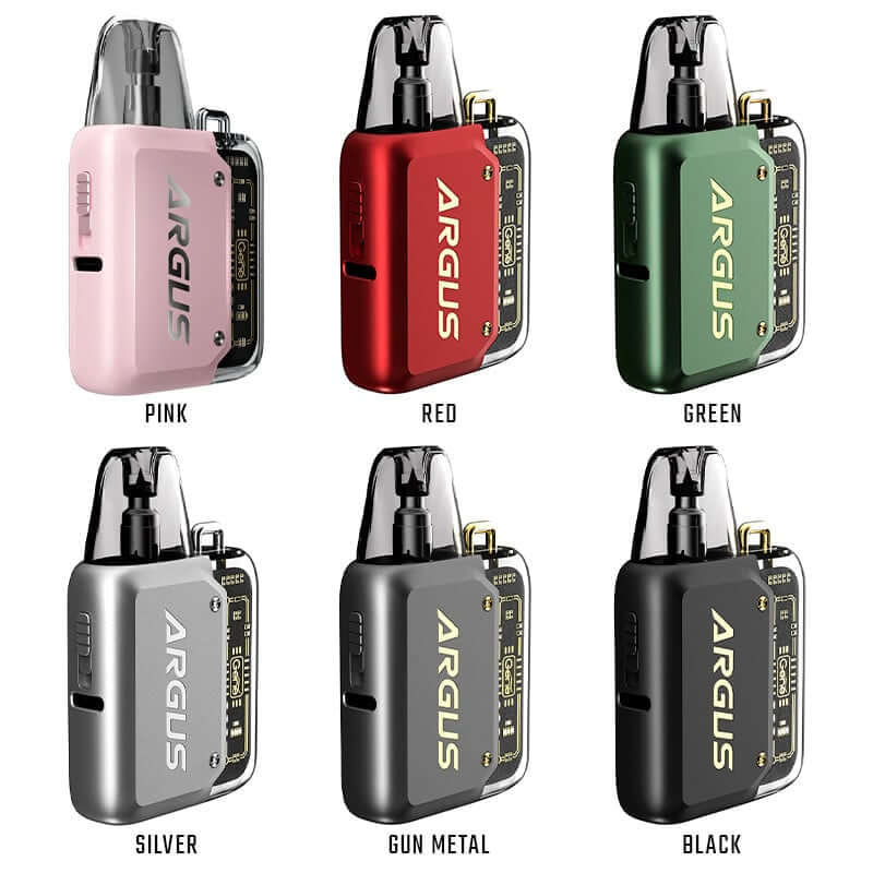 Voopoo Argus pod devices in pink, red, green, silver, gunmetal and black