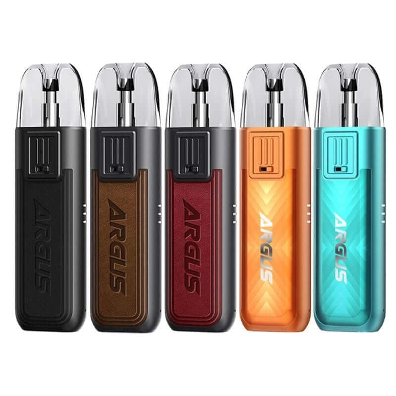 Voopoo Argus pod vape devices in black, brown, red, orange and teal