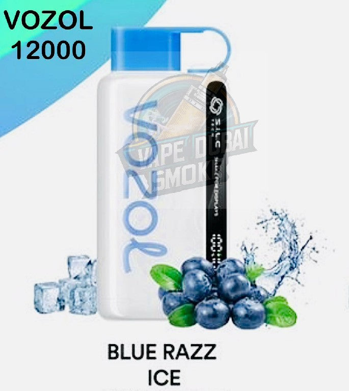 Vozol 12000 Blue Razz Ice disposable vape with blueberry and ice graphics