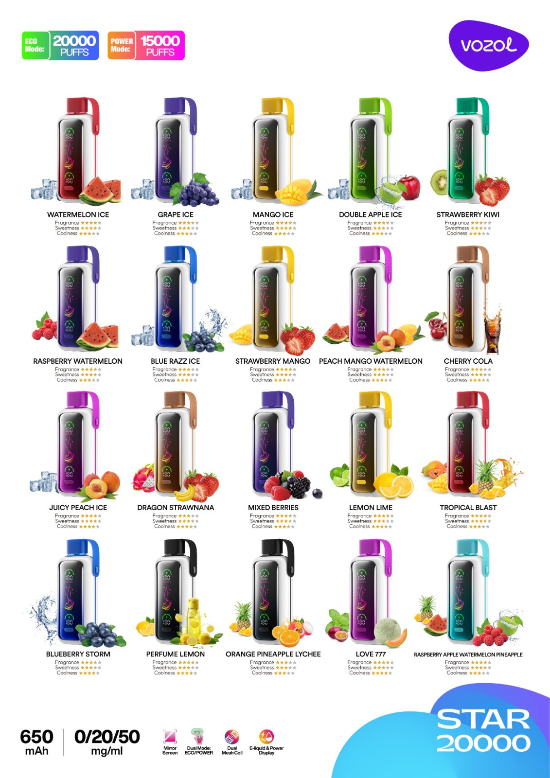 Vozol Star 20000 disposable vapes in assorted fruit flavors