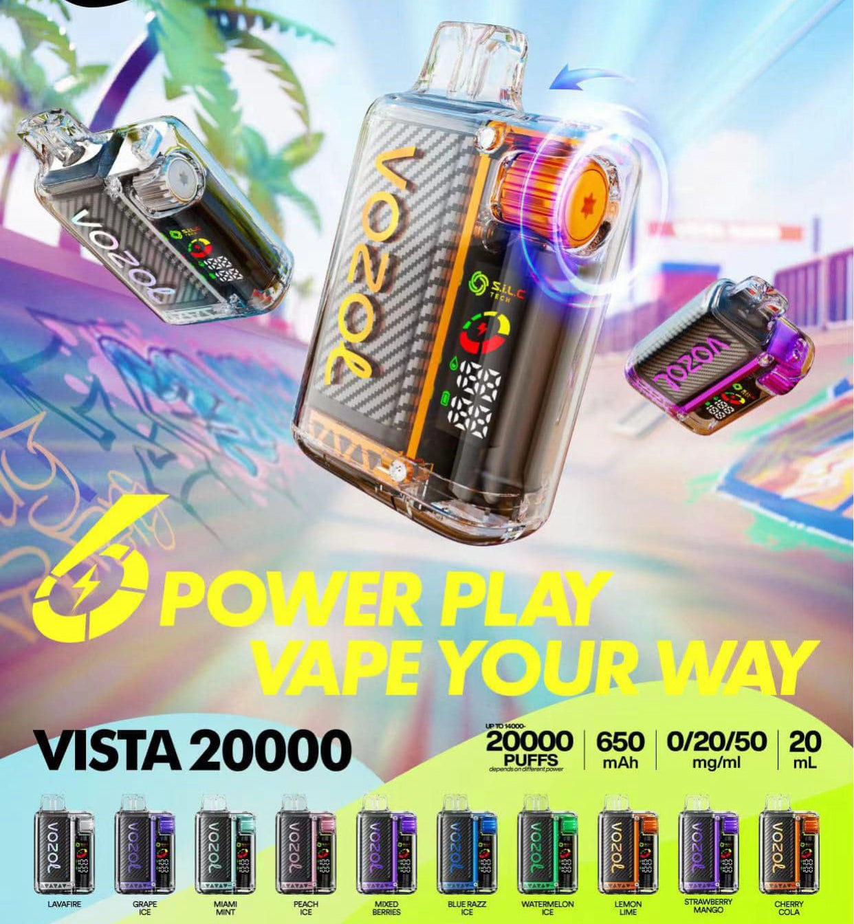 Vozol Vista 20000 disposable vape lineup with specs and flavor options